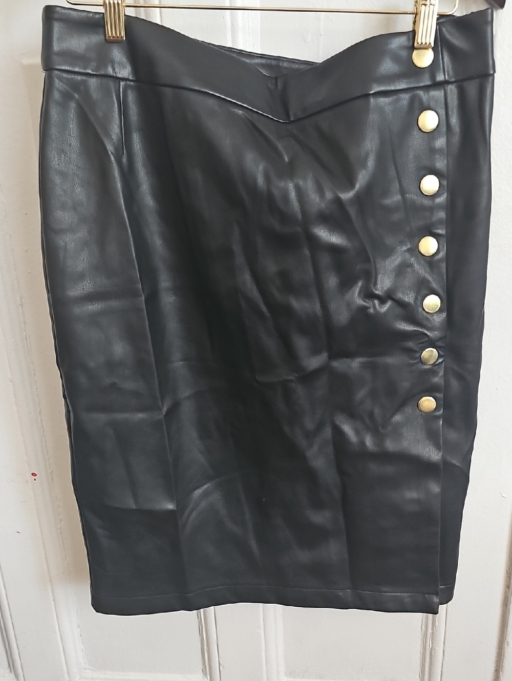 INC International Concepts Black Faux Leather Pencil Skirt with Gold Buttons